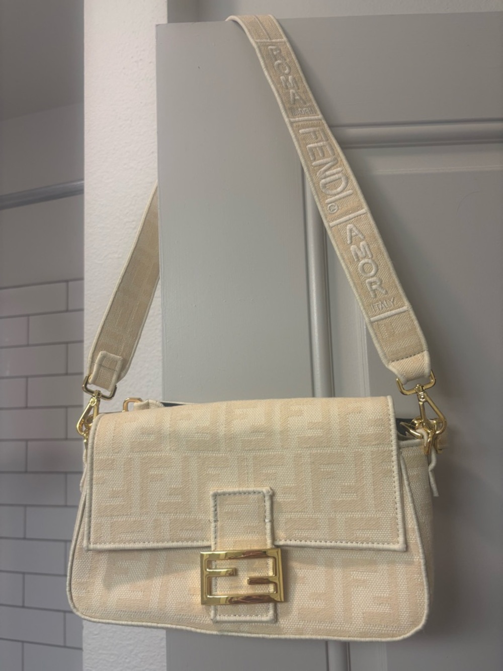 Inspired Beige Canvas Baguette Shoulder Bag